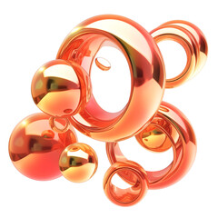 Poster - Abstract 3D metallic shapes in vibrant orange tones, featuring interconnected rings and spheres with reflective surface, isolated on transparency background