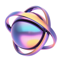 Poster - vibrant 3D metallic sphere with iridescent colors, encircled by sleek, intertwined rings, showcasing futuristic Y2K inspired design on transparency background