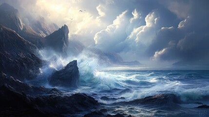 Poster - Dramatic Coastal Scene With Powerful Waves Crashing Against Rugged Cliffs