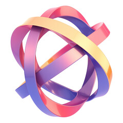 Poster - vibrant 3D metallic abstract shape with intertwined loops in gradient colors of pink, purple, and yellow, creating futuristic and dynamic design
