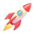 © DOUGLAS - 3D cartoon rocket icon with flat view, featuring white body, red fins, and blue window, isolated on transparency background, emitting fiery yellow flame