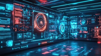 Wall Mural - futuristic room filled with holographic data screens