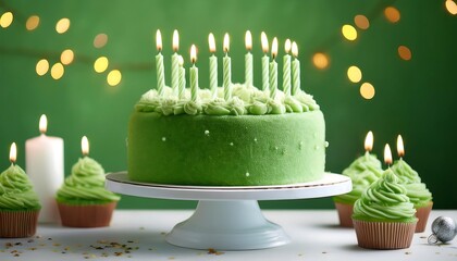 A vibrant green birthday cake, adorned with lit candles and frosting, on a white stand