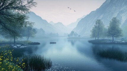 Wall Mural - Serene Mountain Lake With Misty Atmosphere And Birds