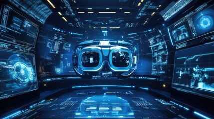 Wall Mural - Futuristic Virtual Reality Headset in a Digital Control Room