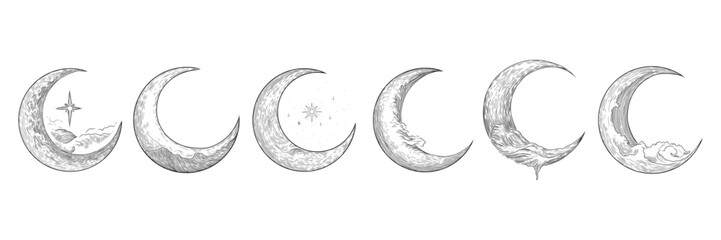 vector illustration set of moon phases. different stages of moonlight activity in vintage engraving 