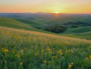 Wall Mural - A field of yellow flowers with a beautiful sunset in the background