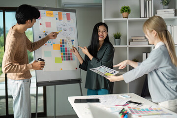 Wall Mural - creative team collaborating on ux ui design project in modern office environment with whiteboard and