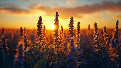 Poster - A breathtaking sunset casts warm golden light over a vibrant field of lavender flowers, highlighting the beauty of nature during the evening hours.