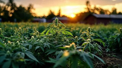 Poster - The vibrant cannabis plants bask in the warm glow of a sunset, with soft light illuminating the farm buildings in the distance, creating a peaceful atmosphere.