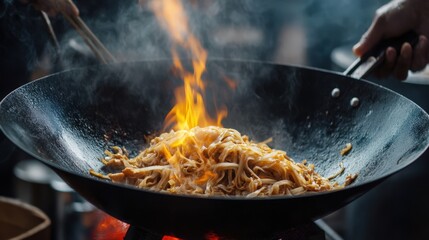 Flaming Noodles Cooking In A Wok