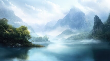 Wall Mural - Serene Mountain Lake Mist Shrouded Peaks Tranquil Scene