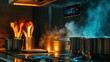 © Suphawan - Close-up of digital touch controls on an electric hood exhaust above a stove with boiling pots in a family kitchen.