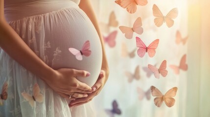 Pregnant belly surrounded by soft pastel butterflies in a serene indoor setting. Generative AI