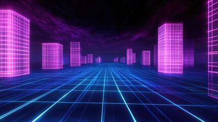 Wall Mural - Neon Cityscape Gridded Buildings Futuristic Night