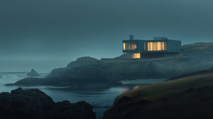 Canvas Print - Modern Coastal House Illuminated At Dusk Overlooking Ocean