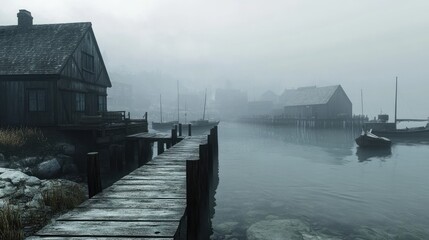 Wall Mural - Misty Harbor Village Wooden Docks Boats Fog