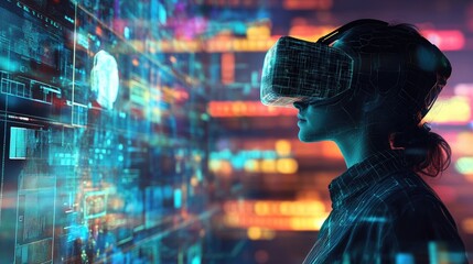 Wall Mural - woman experiencing immersive virtual reality technology