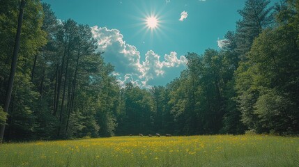 Wall Mural - Sunny day in a lush green forest with a yellow flower meadow.