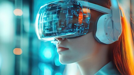 Wall Mural - woman immersed in futuristic virtual reality headset
