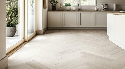 Canvas Print - Professional tiler installing large-format rectangular tiles in a herringbone pattern on a kitchen floor.