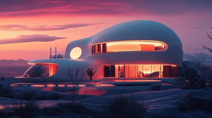 Poster - Futuristic Dome House Sunset Desert Landscape