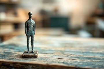 A small bronze sculpture of a man standing on a wooden base, captured in a shallow depth of field.