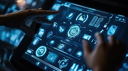 Wall Mural - Hands interacting with a futuristic digital interface