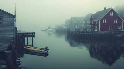 Wall Mural - Foggy Harbor Village with Boats and Wooden Houses