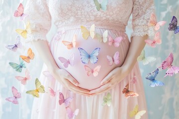 Wall Mural - Pastel butterflies elegantly surrounding a pregnant belly in a soft, serene environment filled with light. Generative AI