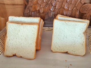 Sliced white bread in tray. Fresh toast for breakfast