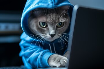 Gray cat wearing blue hoodie using laptop computer, concept of internet security and hacking