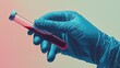 © daniel - Hand in blue medical glove holds red liquid test tube in clinical setting