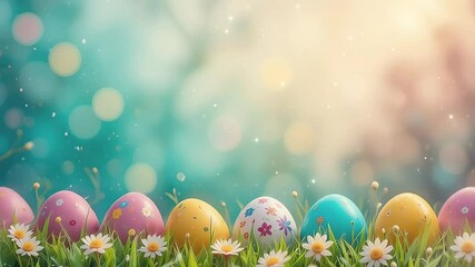 Poster - Colorful easter eggs with floral patterns are nestled in lush green grass, illuminated by warm sunlight and creating a cheerful easter scene.