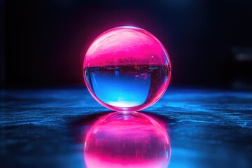 A vibrant pink and blue sphere reflects on a dark surface, creating a captivating, surreal image.