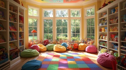 Aufkleber - A colorful playroom filled with toys and bean bags, designed for children's activities.