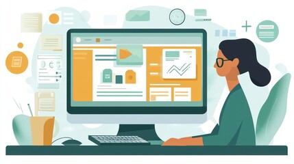 Aufkleber - A person working at a computer, engaging with digital content and analytics.