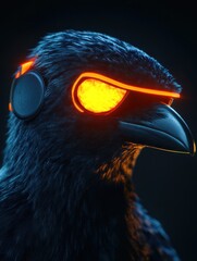 Poster - Futuristic bird with glowing eyes and headphones, blending nature with technology.