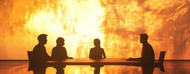 Aufkleber - Silhouetted figures in a meeting against a vibrant backdrop, suggesting a strategic discussion.