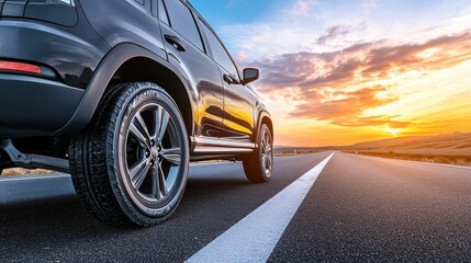 Poster - A black SUV parked on a road during sunset, highlighting a scenic drive.