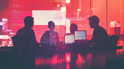 Aufkleber - A group of professionals collaborating in a tech-focused environment with digital data visuals.