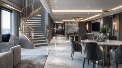 Aufkleber - Elegant modern interior featuring a staircase, dining area, and luxurious furnishings.