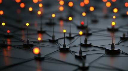 Fototapete - Abstract representation of interconnected nodes with glowing lights, suggesting a network or data flow.