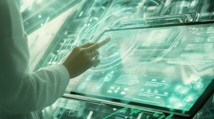 Poster - A hand interacts with a futuristic touchscreen displaying data and holographic elements.