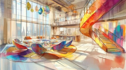 Poster - A vibrant, modern interior featuring colorful furniture and artistic design elements.