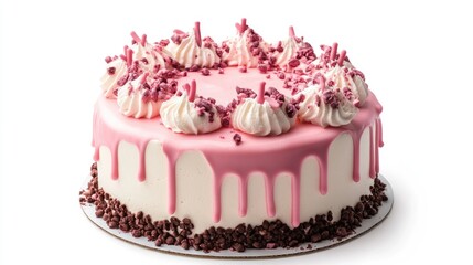 Canvas Print - Delicious pink drip cake adorned with meringues and chocolate crumbs isolated on a white background