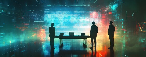 Poster - Silhouetted figures in a futuristic, data-driven environment with a glowing digital backdrop.