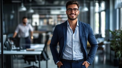 Aufkleber - A confident young professional smiles in a modern office setting.