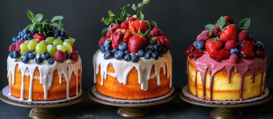 Sticker - Deliciously decorated sponge cakes topped with fresh fruits and creamy icing on elegant cake stands