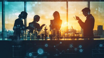 Poster - Silhouettes of scientists collaborating in a lab against a sunset backdrop.